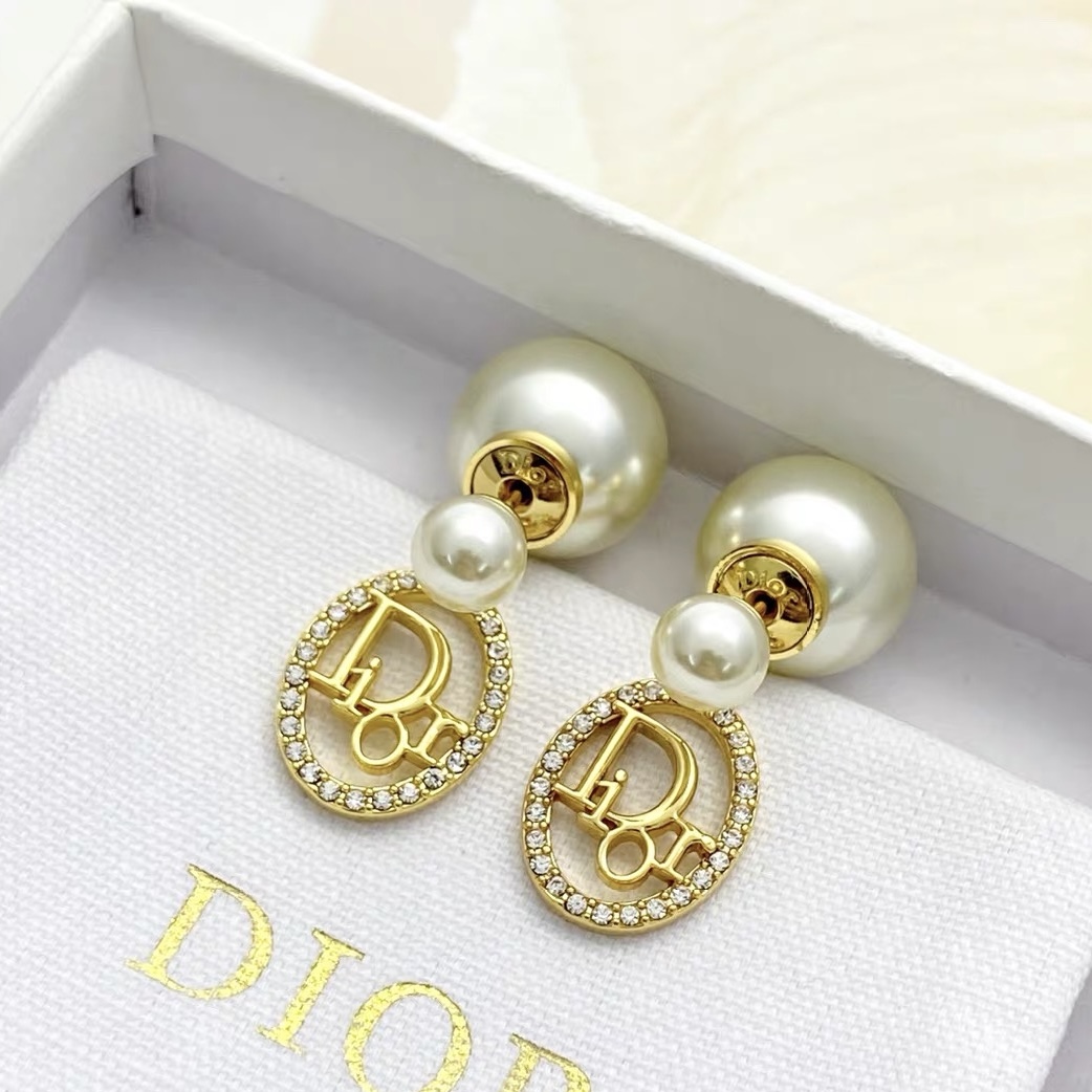dior gold pearl cannage circle drop earrings
