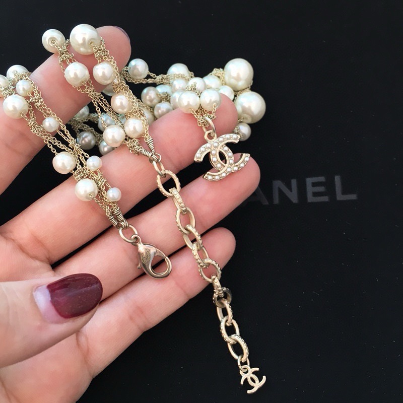 chanel pearl double strand cc charm necklace