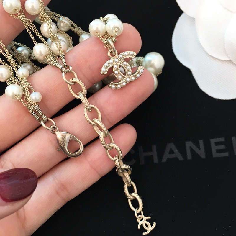 chanel pearl double strand cc charm necklace