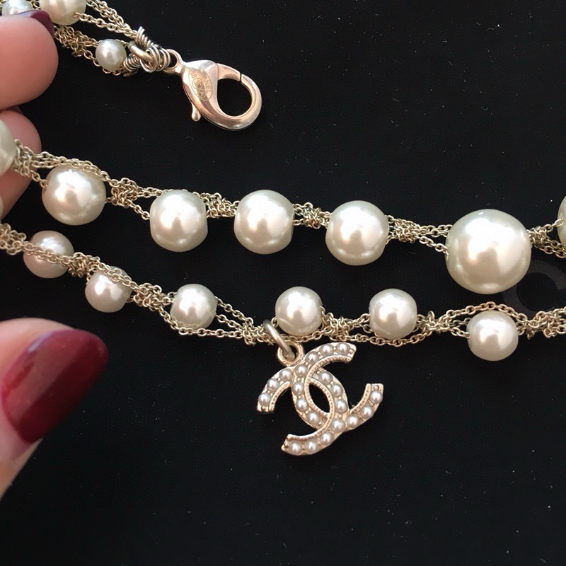 chanel pearl double strand cc charm necklace