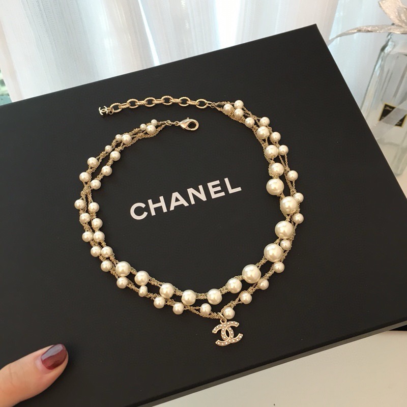 chanel pearl double strand cc charm necklace
