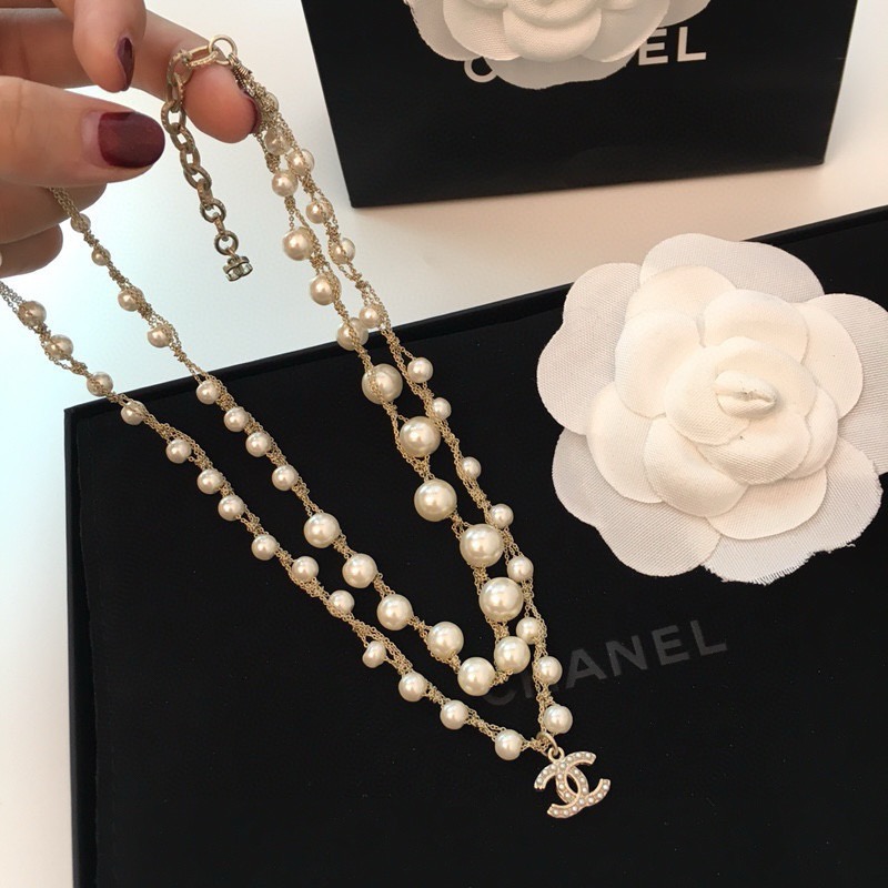 chanel pearl double strand cc charm necklace