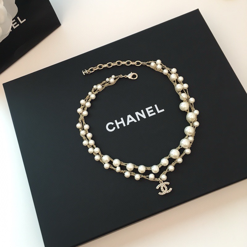 chanel pearl double strand cc charm necklace