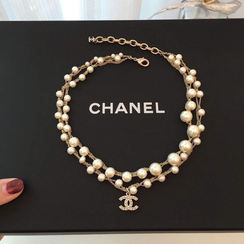 chanel pearl double strand cc charm necklace
