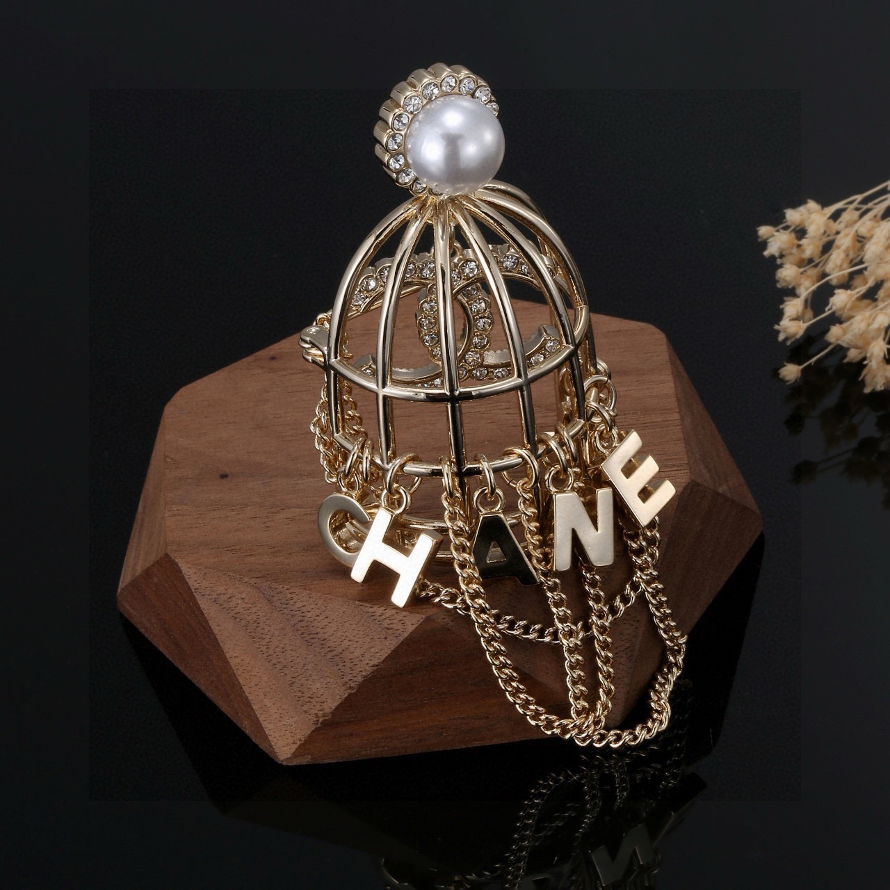 chanel pearl birdcage chain brooch
