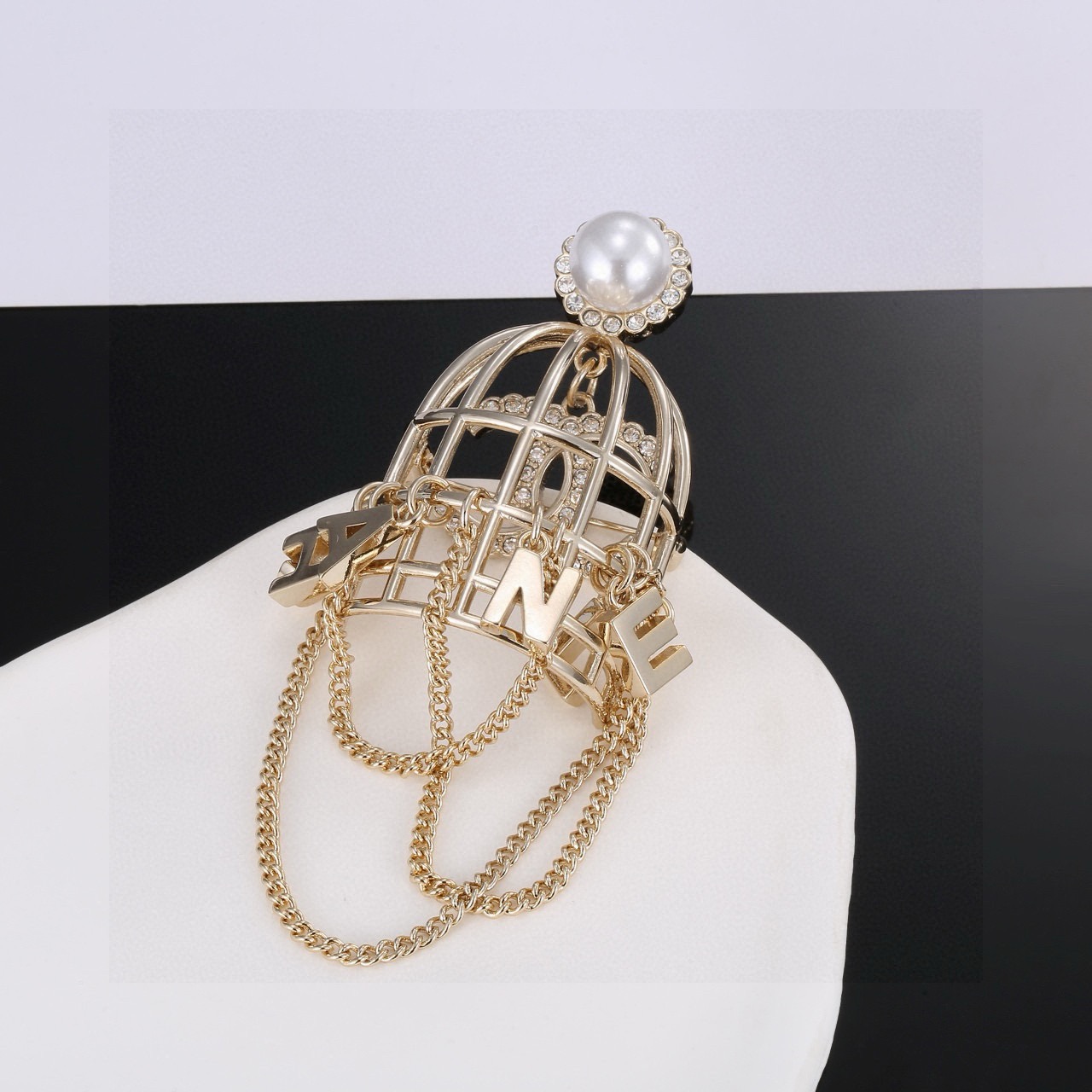 chanel pearl birdcage chain brooch