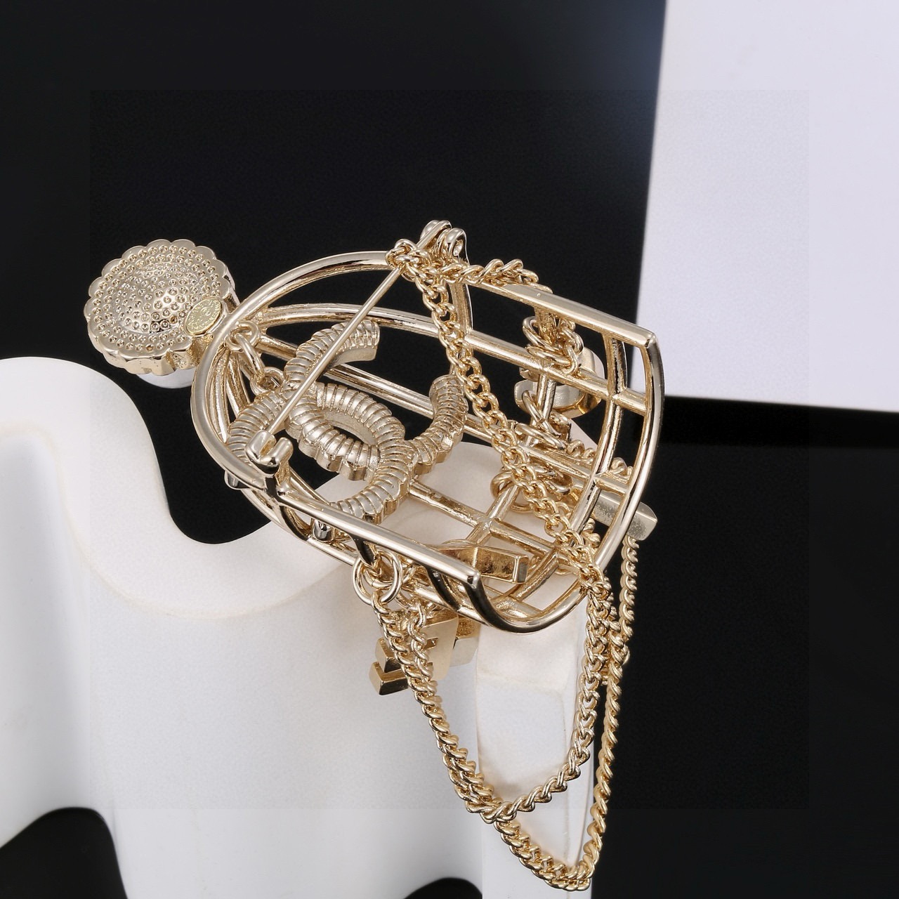 chanel pearl birdcage chain brooch