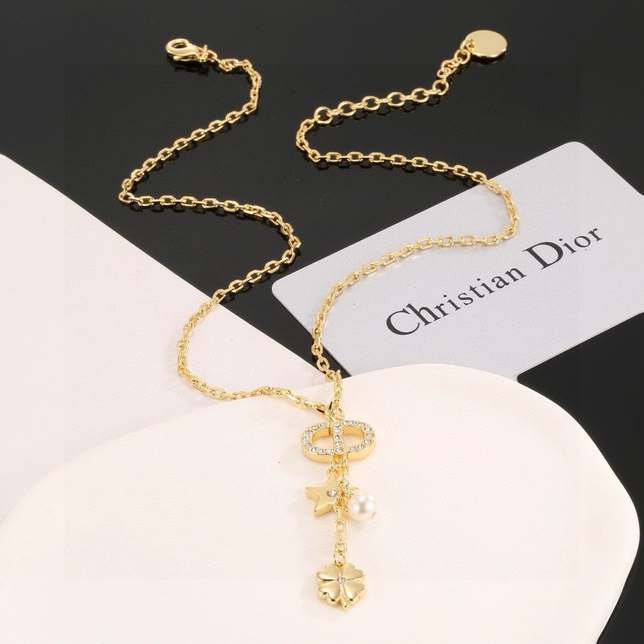 dior gold jadior clover charm pendant necklace