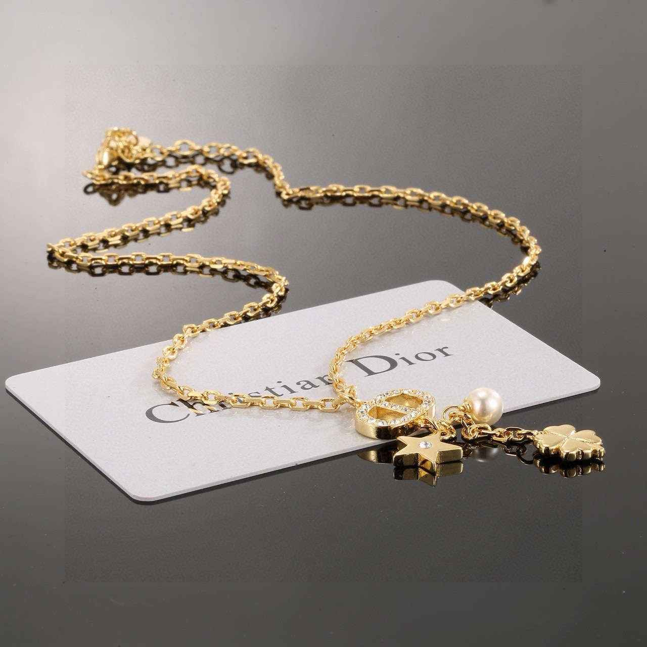 dior gold jadior clover charm pendant necklace