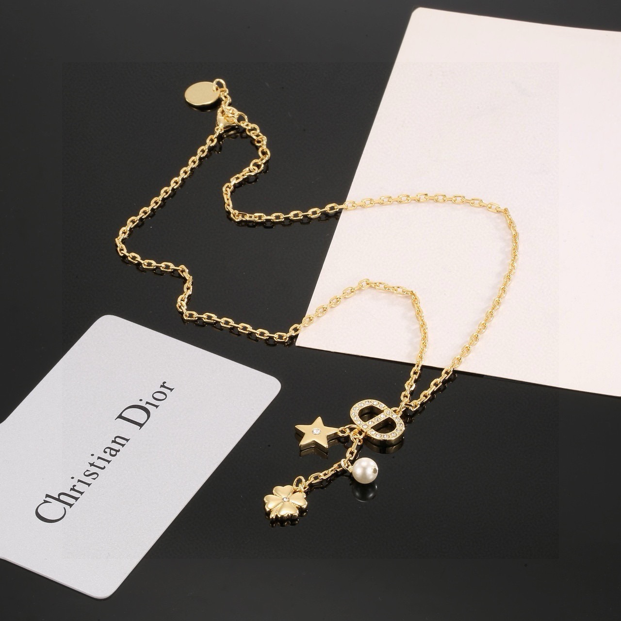 dior gold jadior clover charm pendant necklace