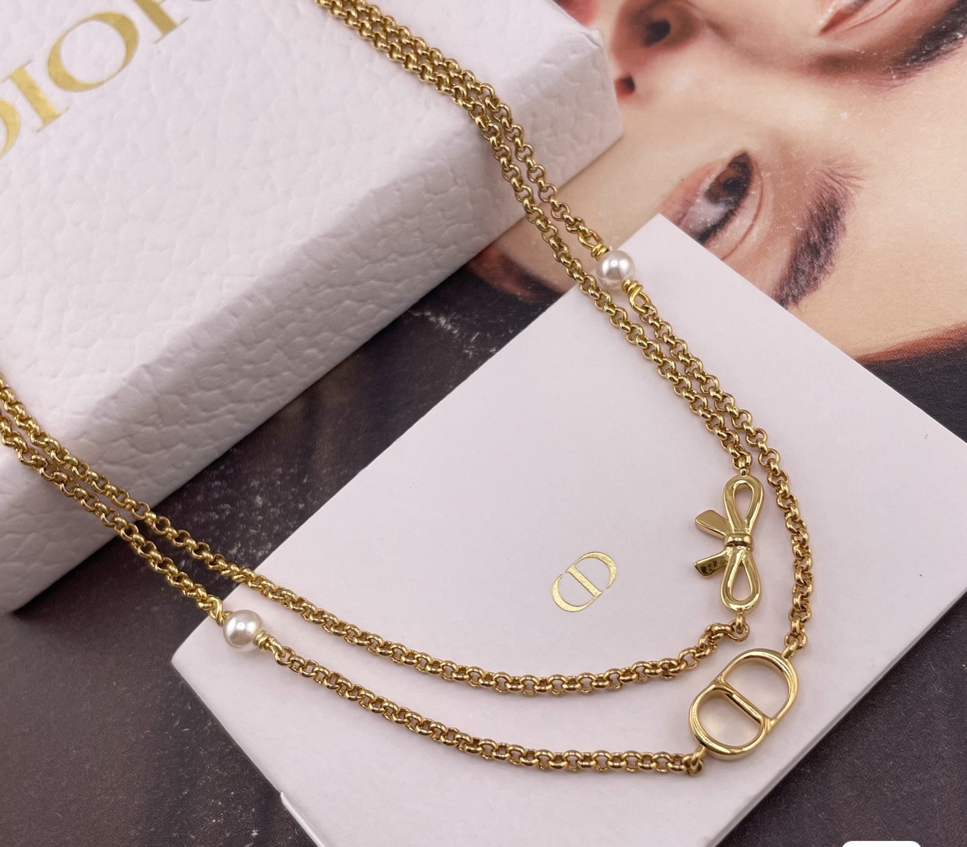 dior gold cd bow double chain necklace