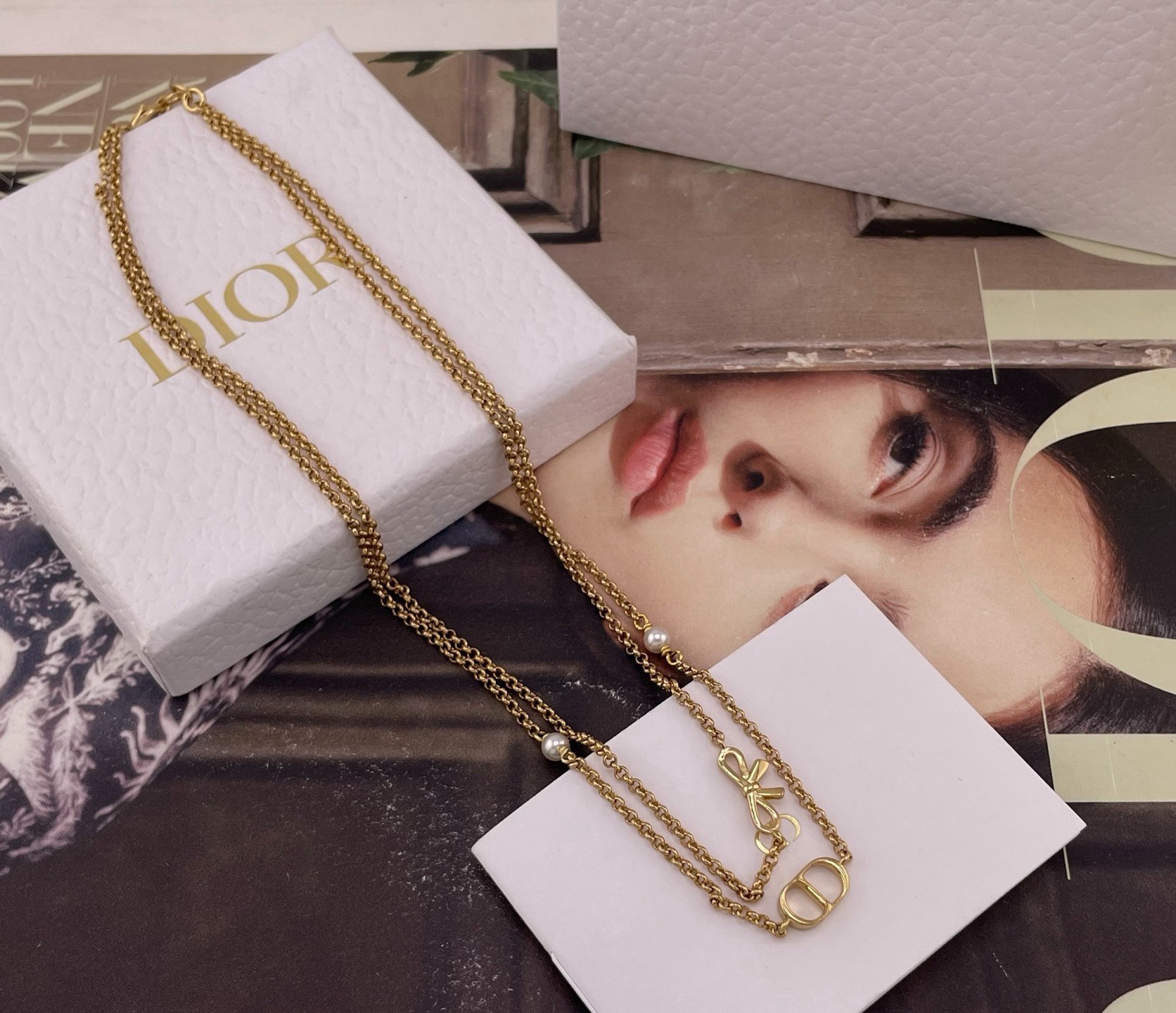 dior gold cd bow double chain necklace