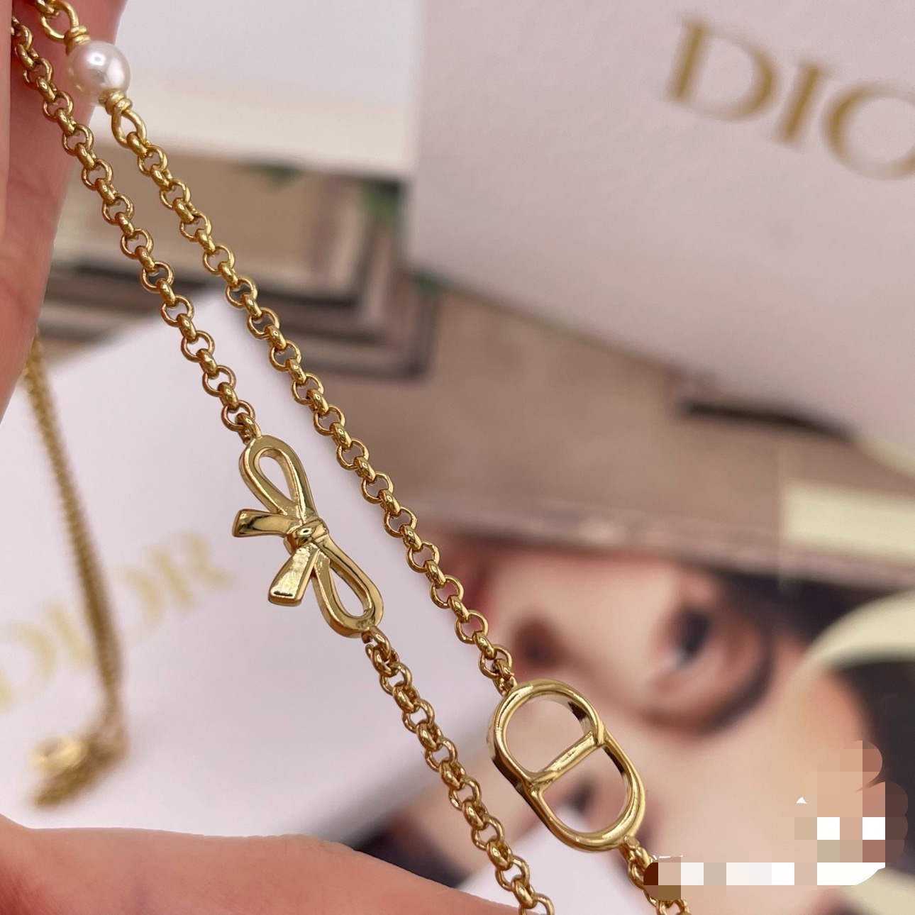 dior gold cd bow double chain necklace