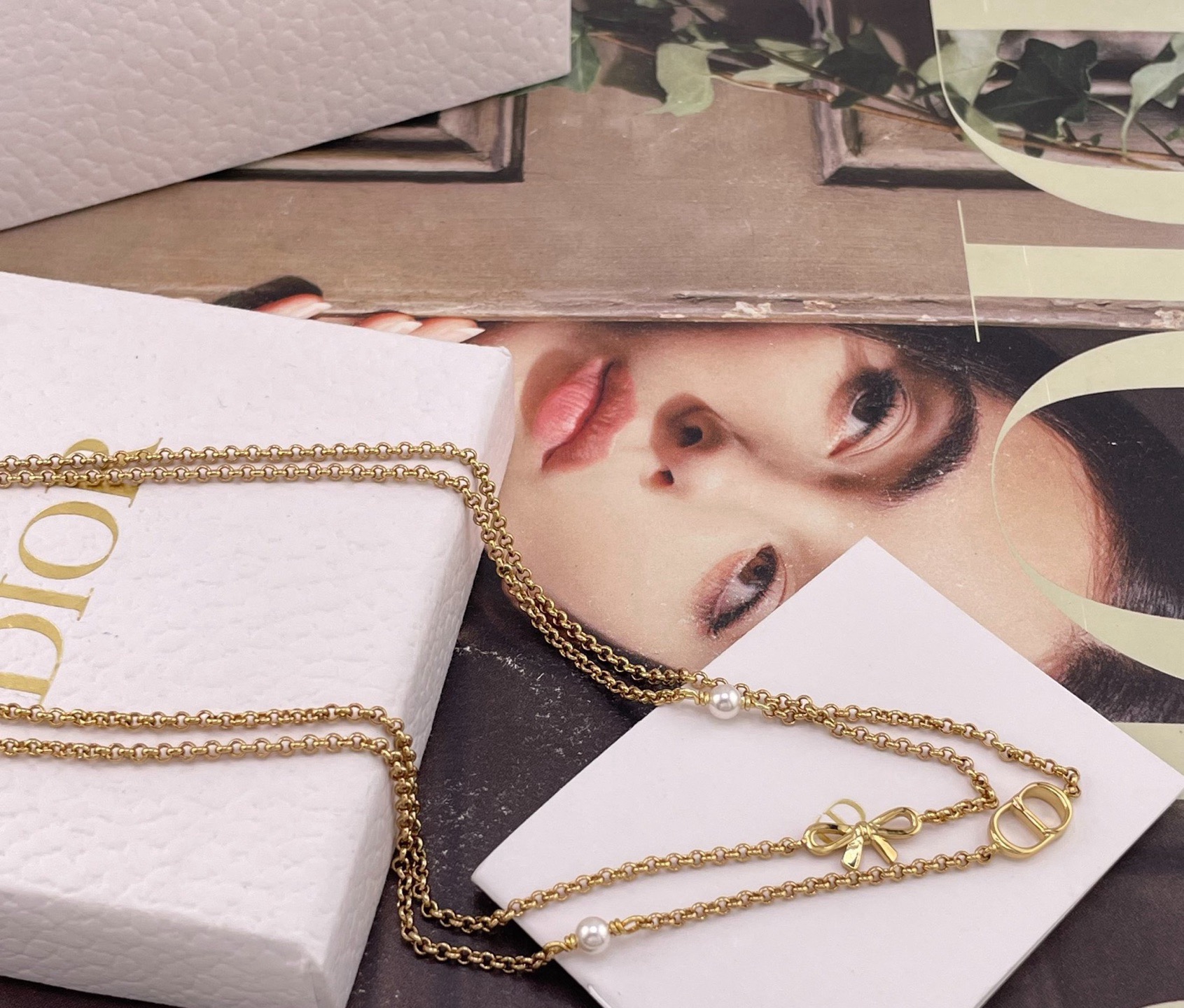 dior gold cd bow double chain necklace