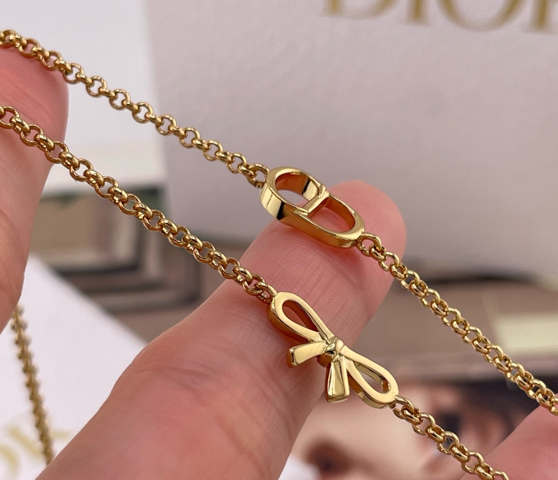 dior gold cd bow double chain necklace