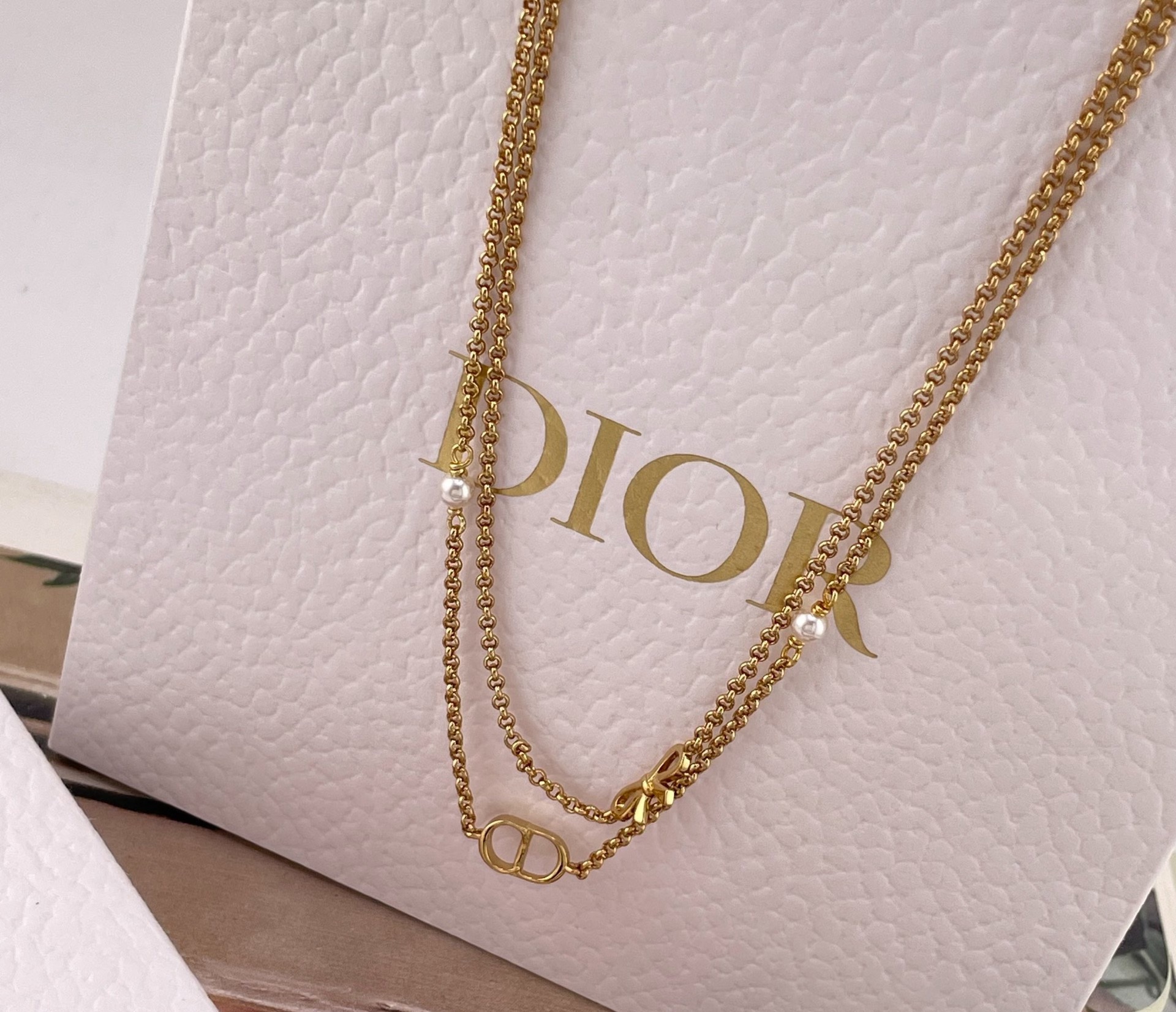 dior gold cd bow double chain necklace