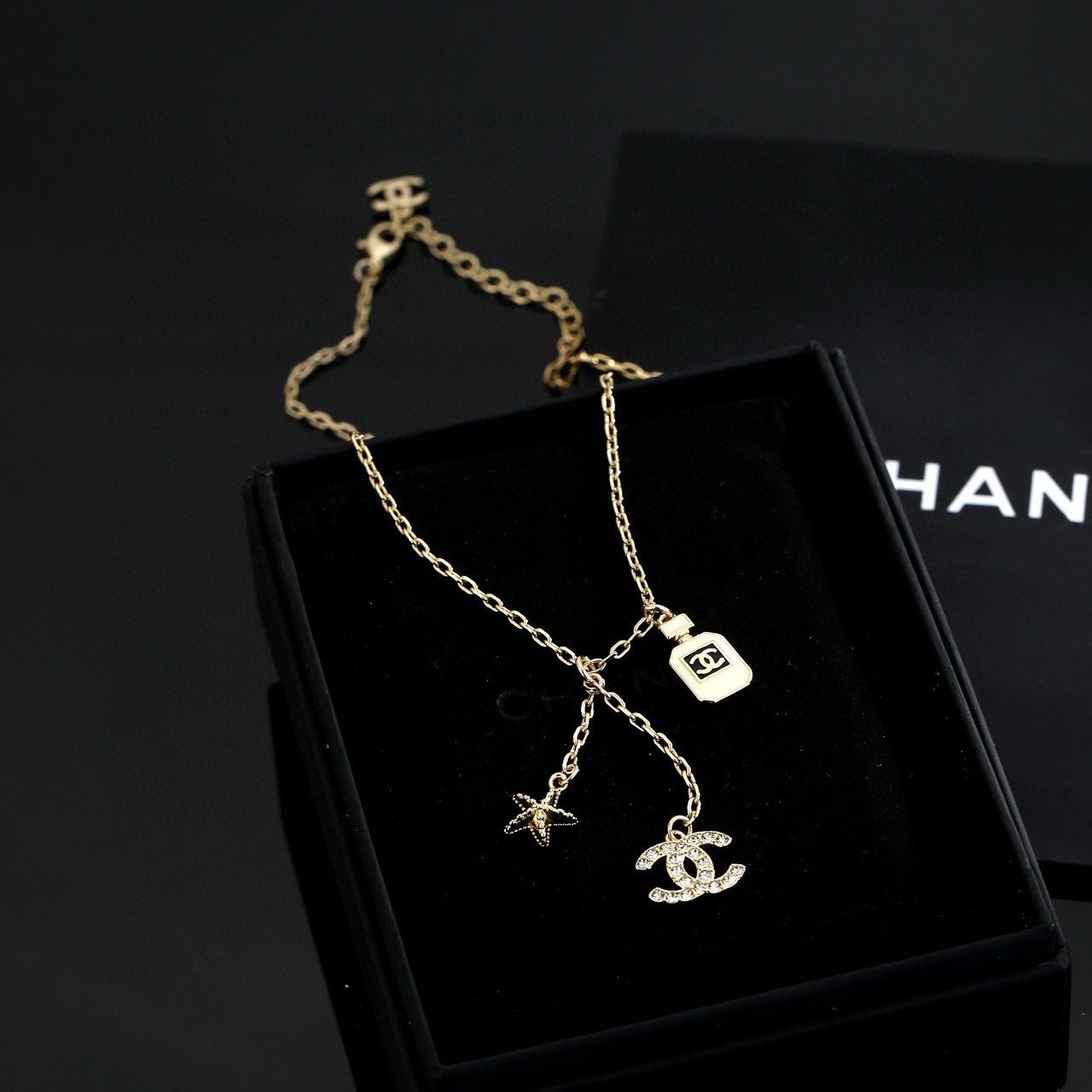 chanel crystal perfume bottle cc charm necklace