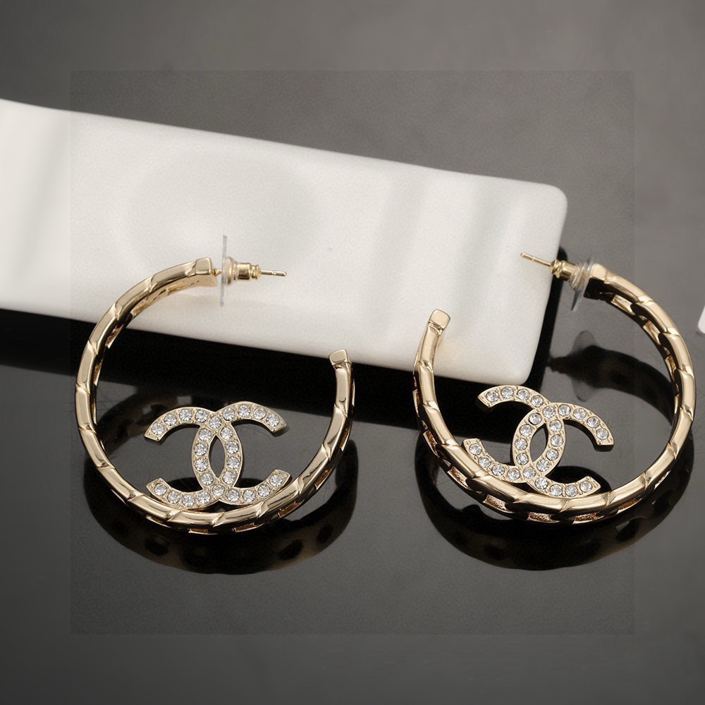 chanel pale gold crystal cc hoop earrings