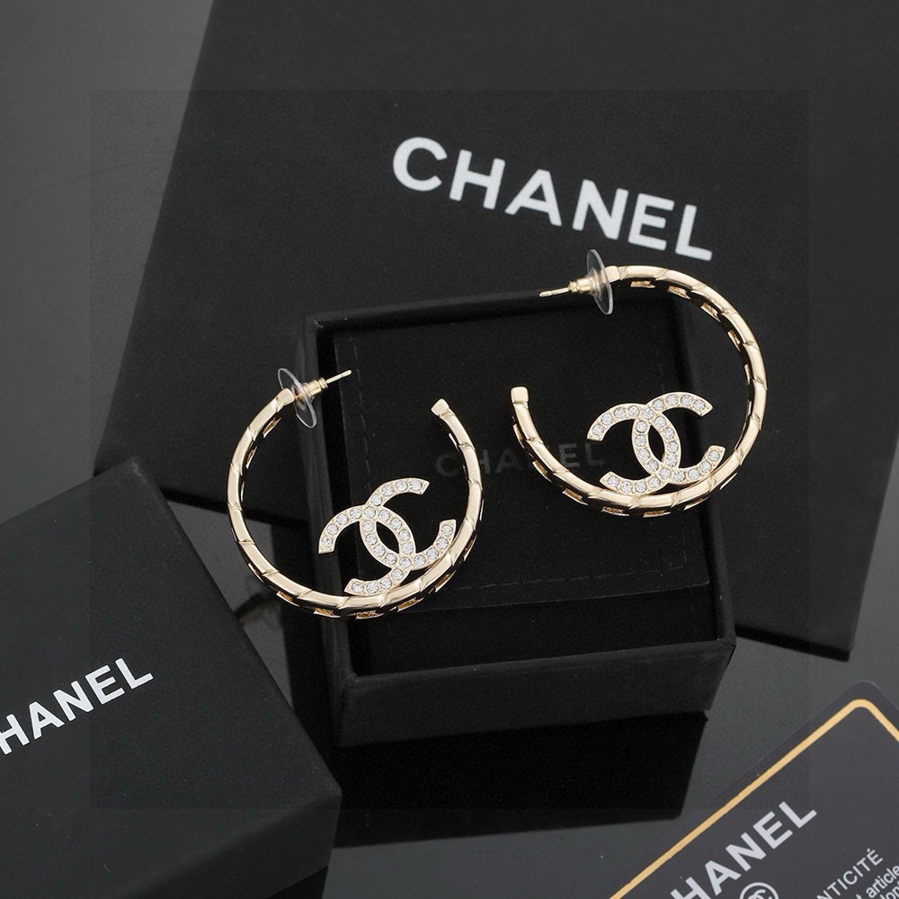 chanel pale gold crystal cc hoop earrings