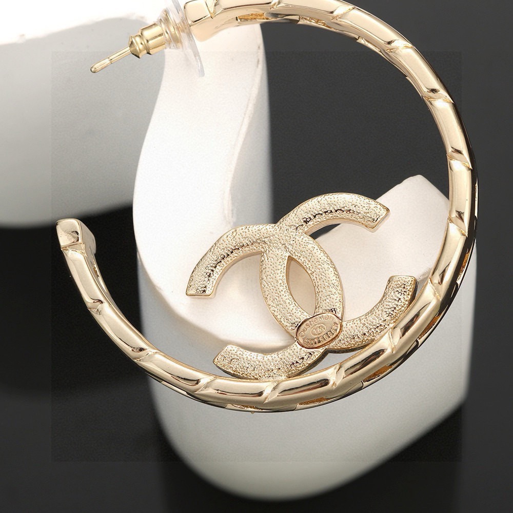 chanel pale gold crystal cc hoop earrings