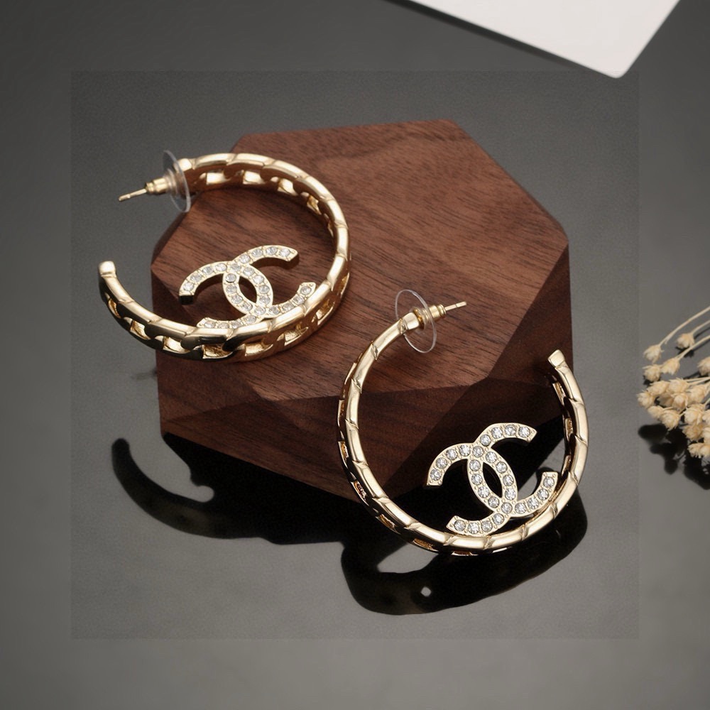 chanel pale gold crystal cc hoop earrings
