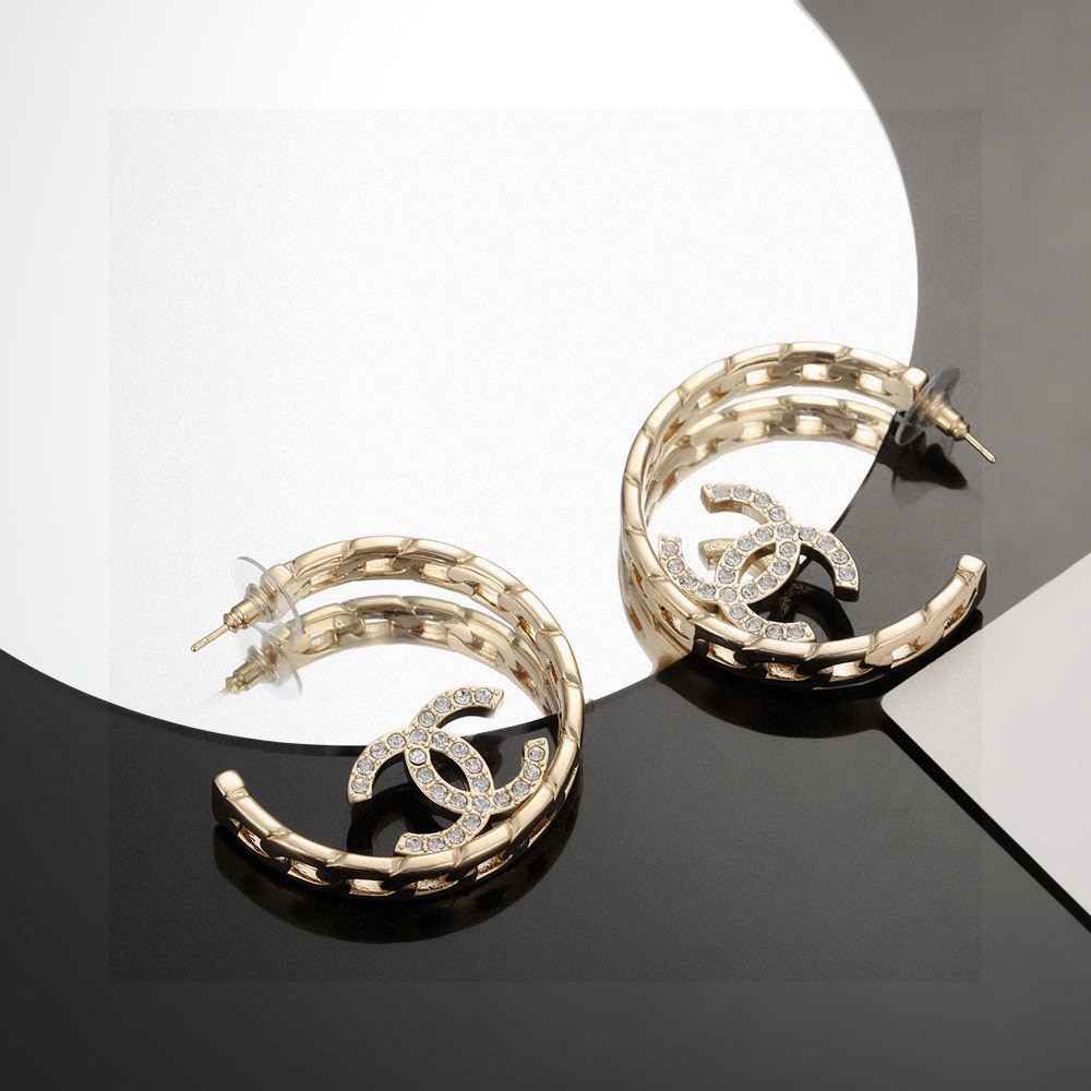 chanel pale gold crystal cc hoop earrings