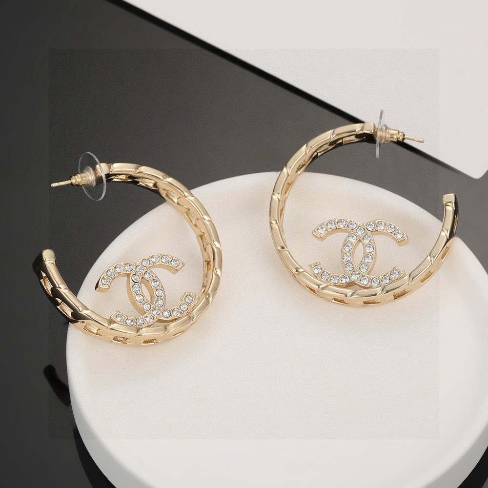 chanel pale gold crystal cc hoop earrings