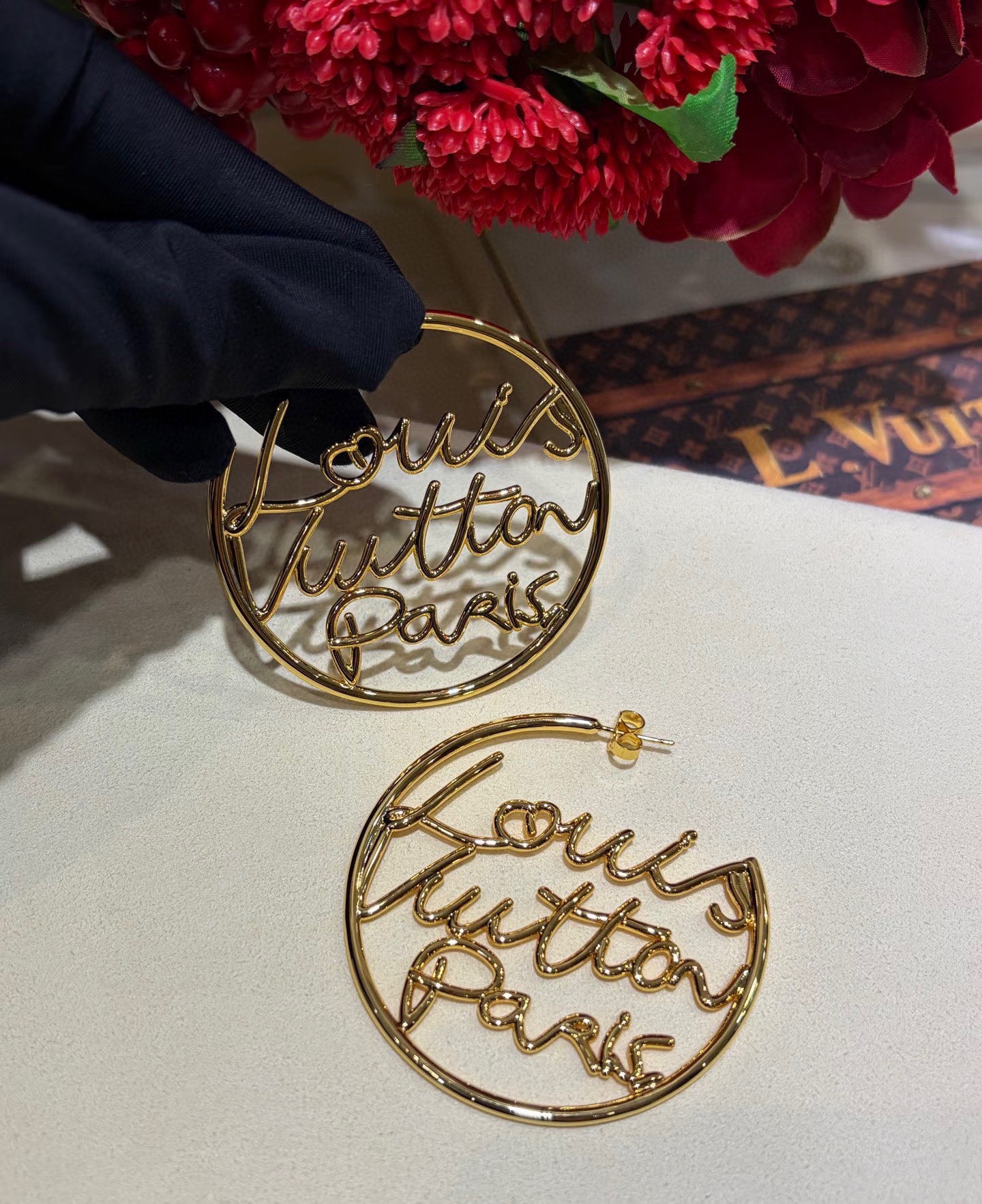 LV Gold Script Circle Earrings