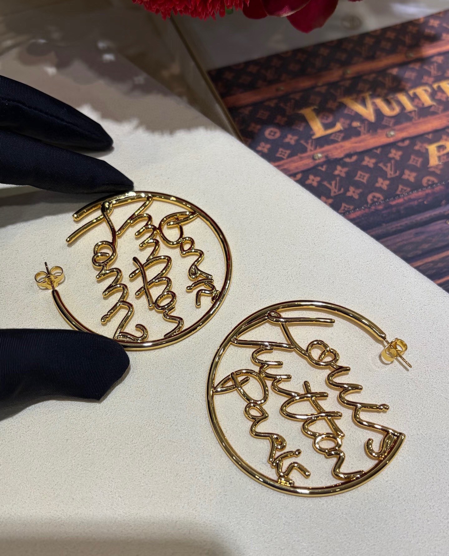 LV Gold Script Circle Earrings