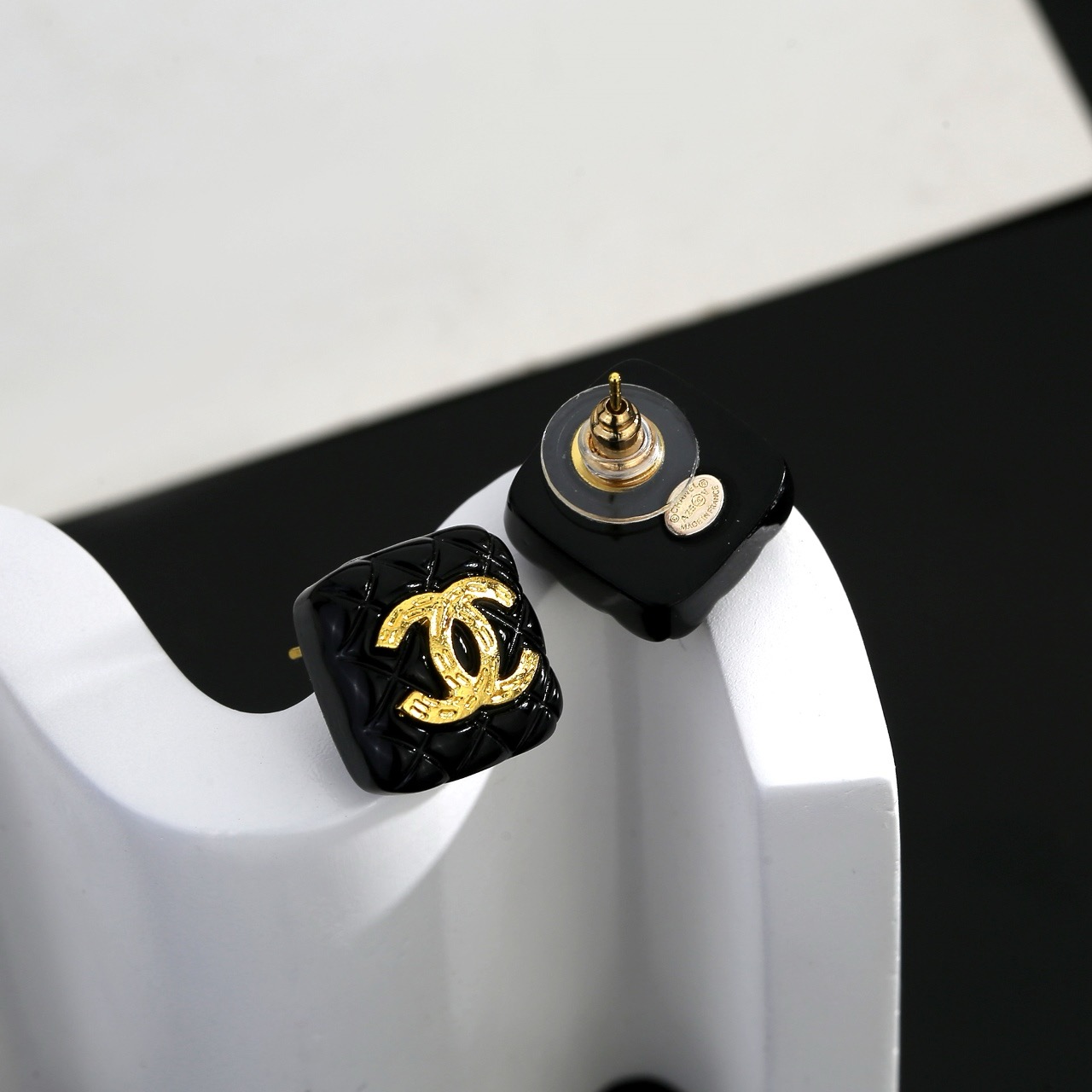 chanel black resin square cc stud earrings