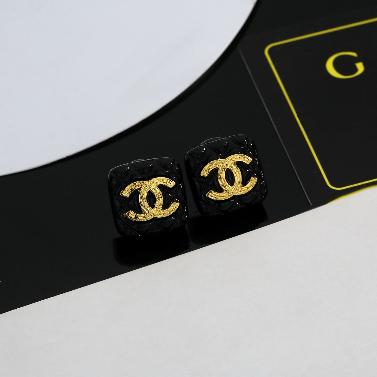 chanel black resin square cc stud earrings