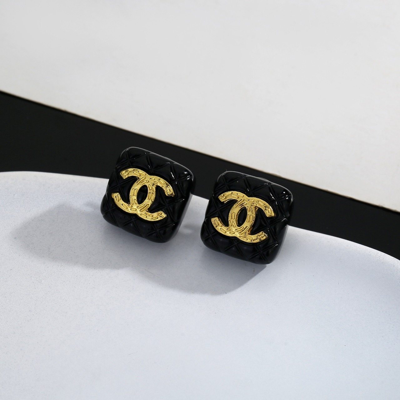 chanel black resin square cc stud earrings