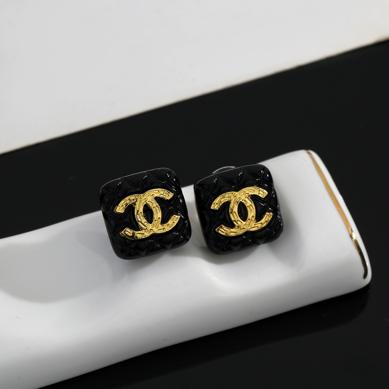 chanel black resin square cc stud earrings