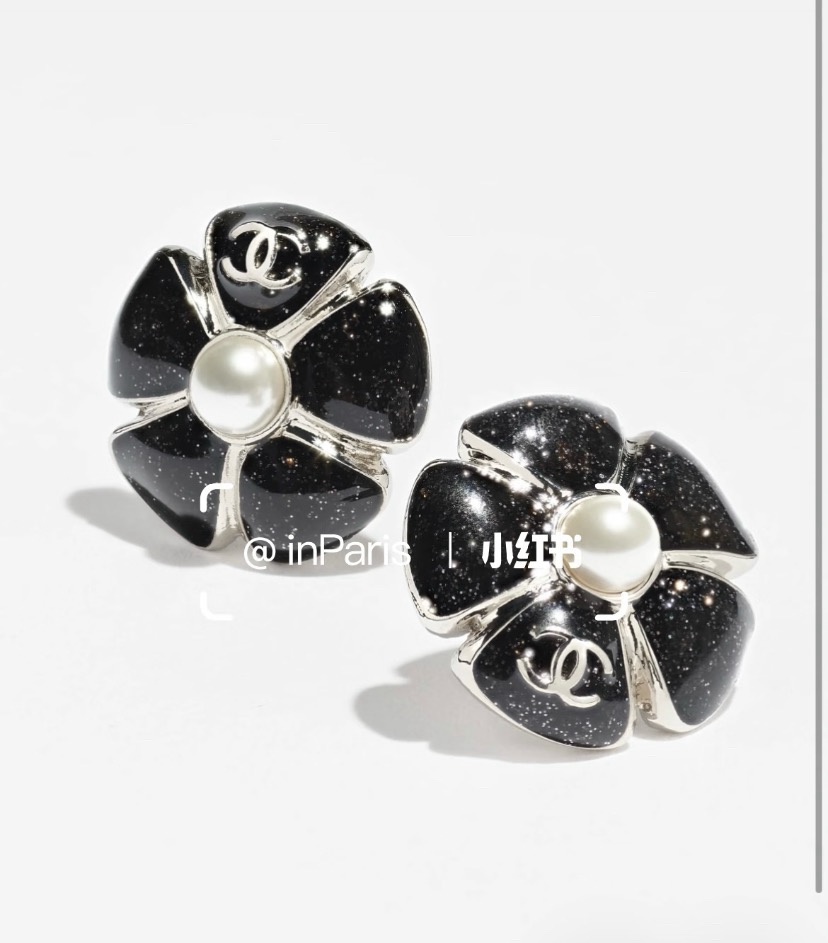 chanel black camellia pearl stud earrings