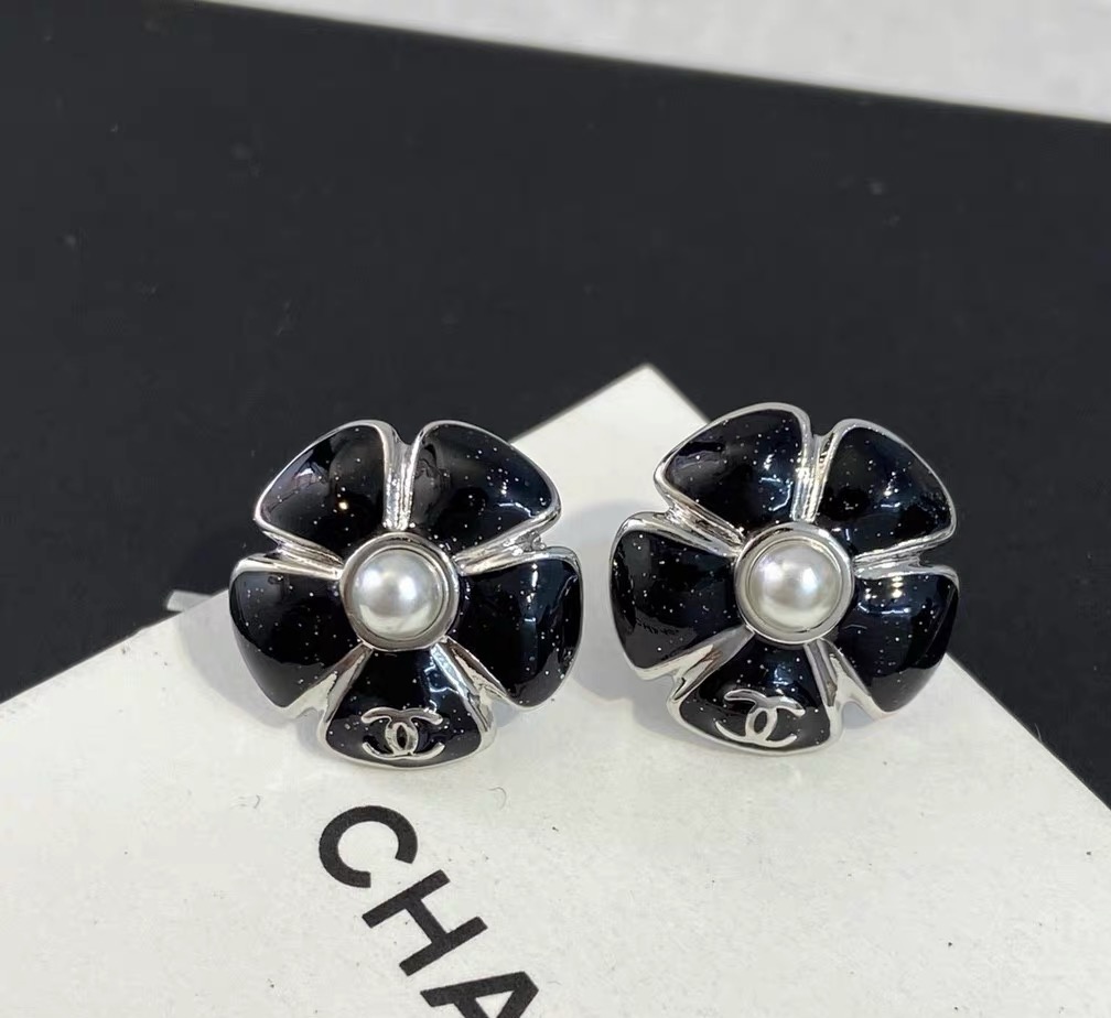 chanel black camellia pearl stud earrings
