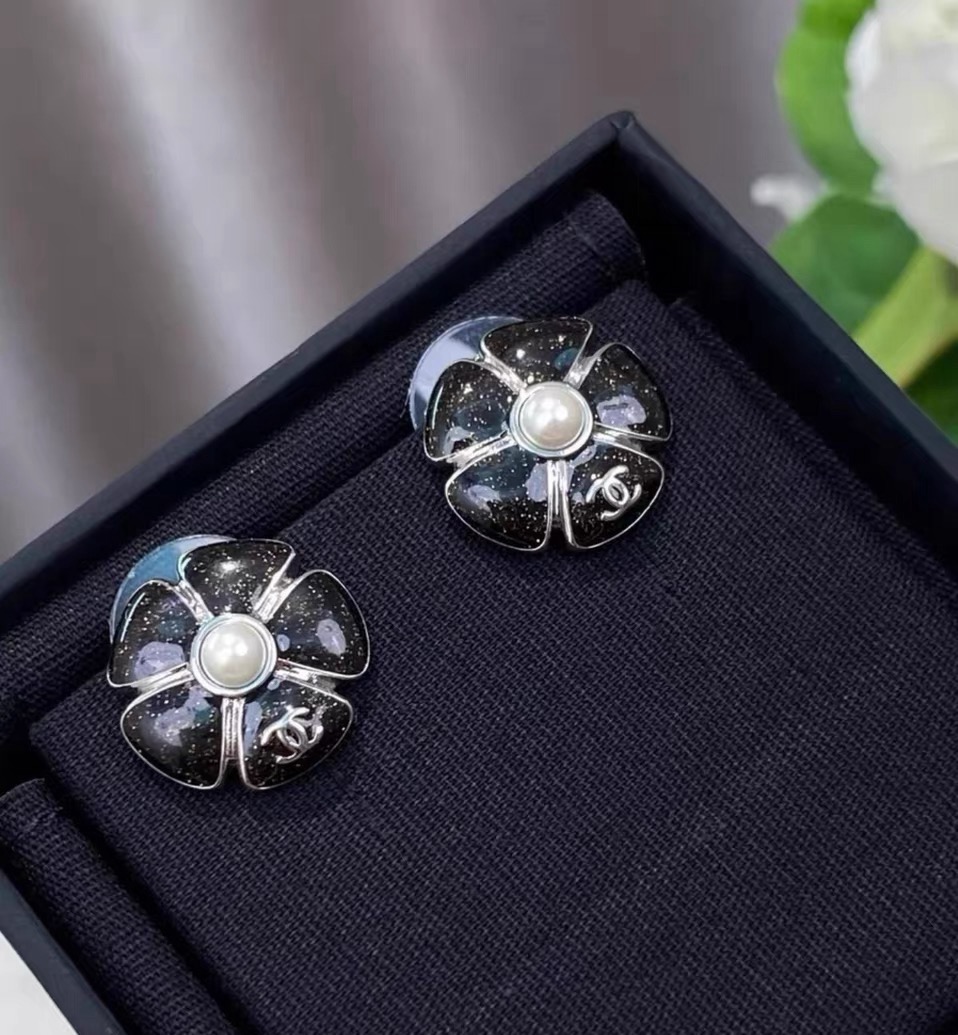 chanel black camellia pearl stud earrings