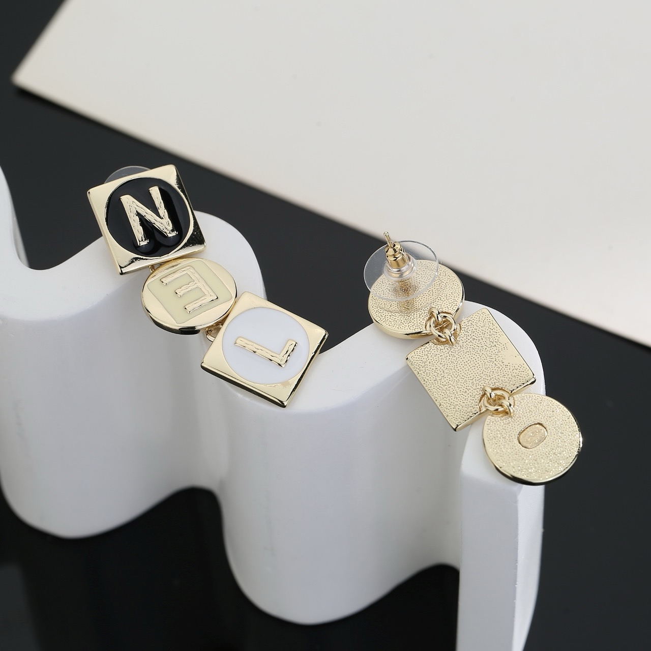 chanel gold multicolor letter drop earrings