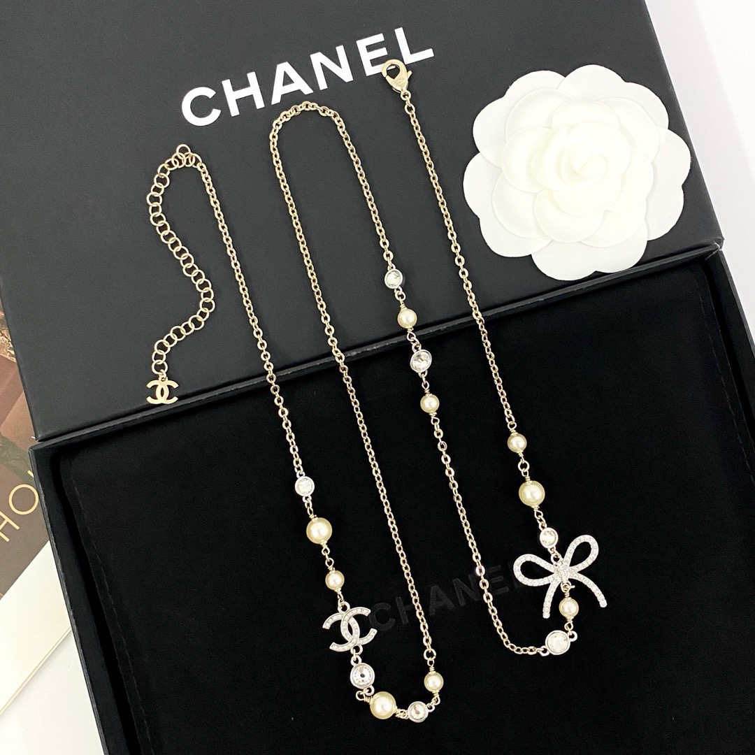 chanel pearl cc crystal bow long necklace