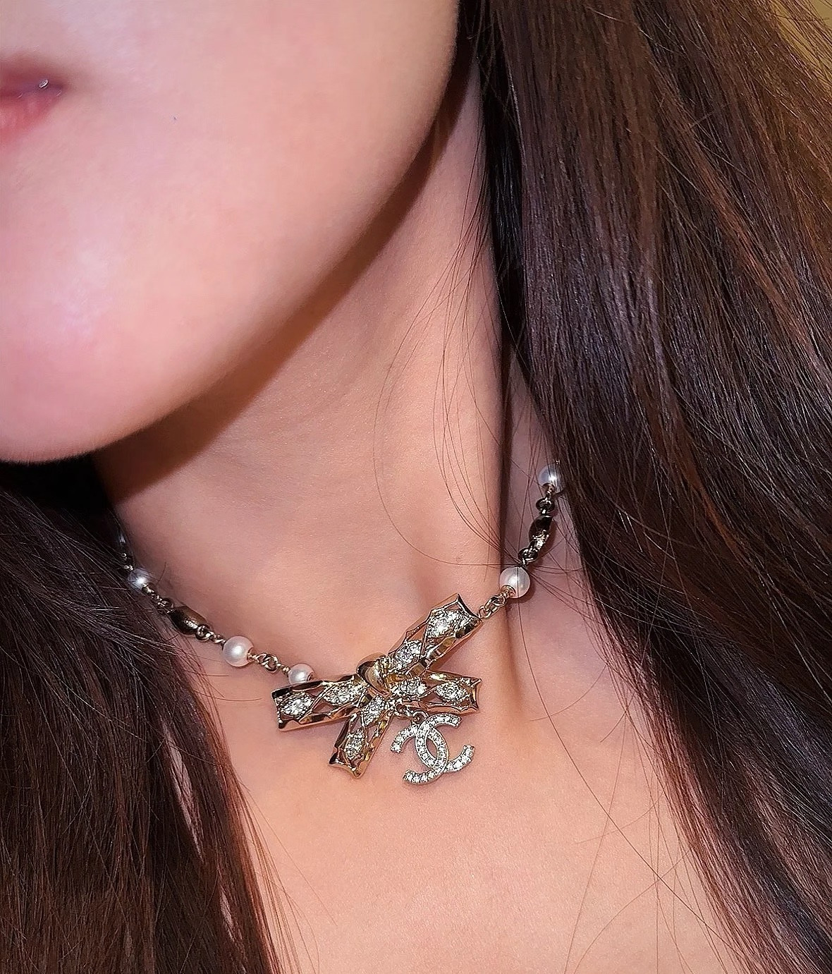 chanel pearl crystal butterfly letter necklace