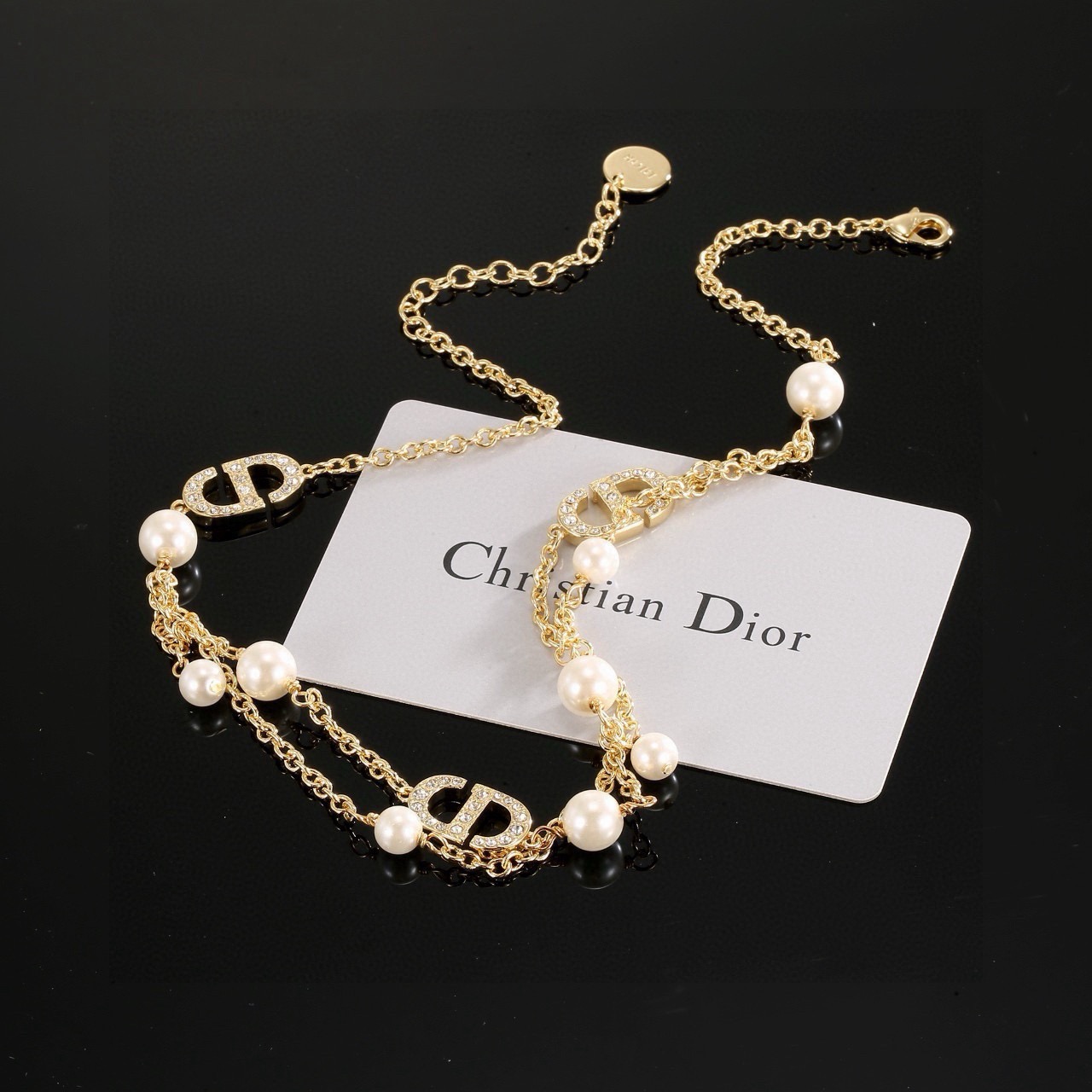 dior jadior pearl charm gold chain necklace