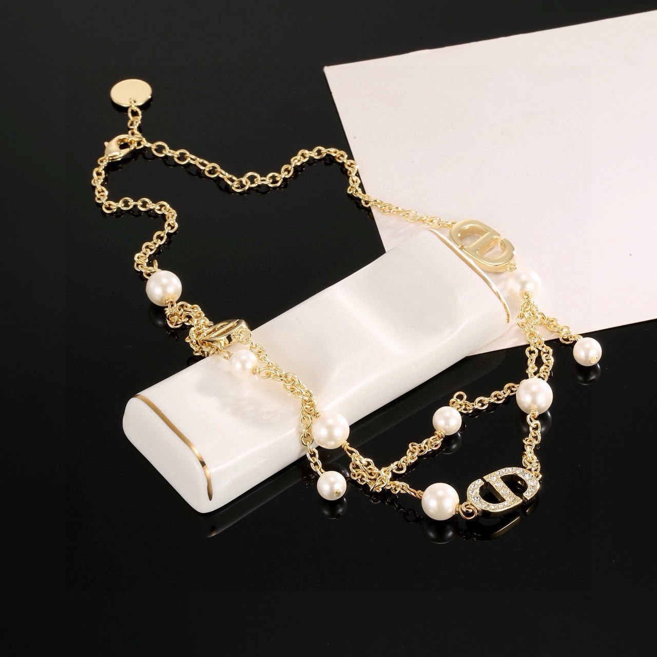 dior jadior pearl charm gold chain necklace