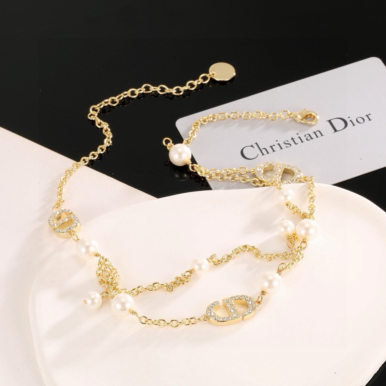 dior jadior pearl charm gold chain necklace