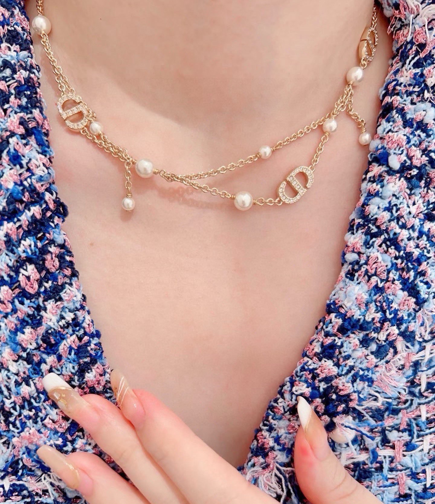dior jadior pearl charm gold chain necklace