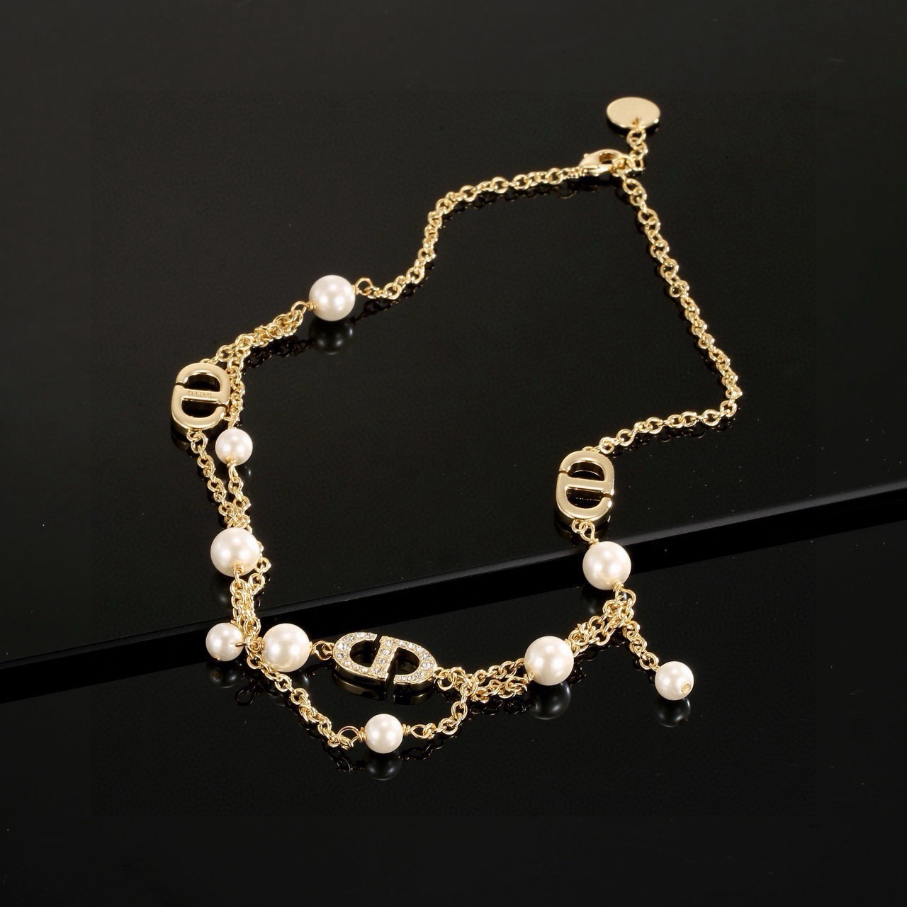 dior jadior pearl charm gold chain necklace