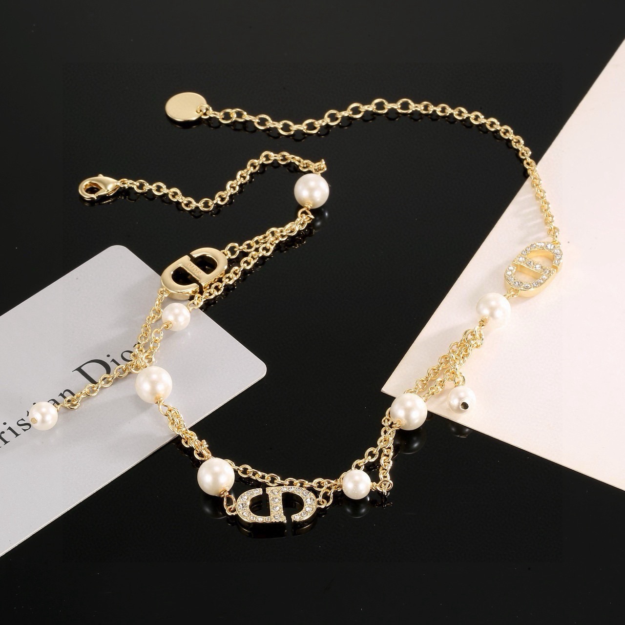 dior jadior pearl charm gold chain necklace