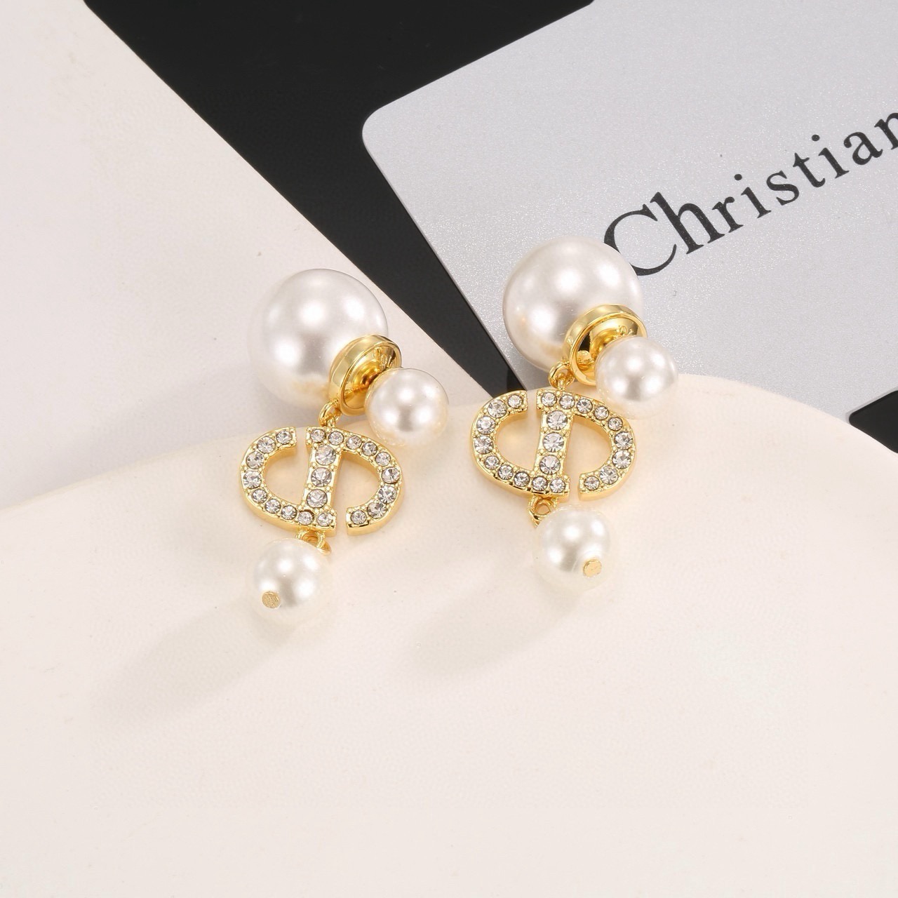 dior tribales pearl letter logo drop earrings