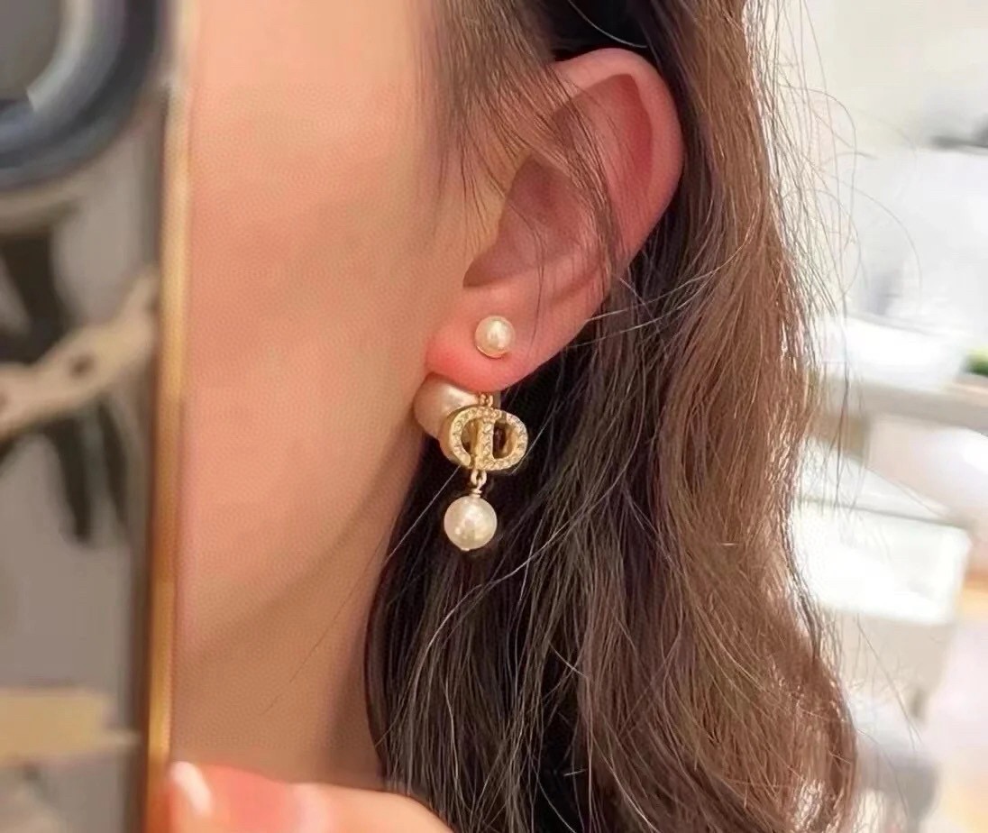 dior tribales pearl letter logo drop earrings