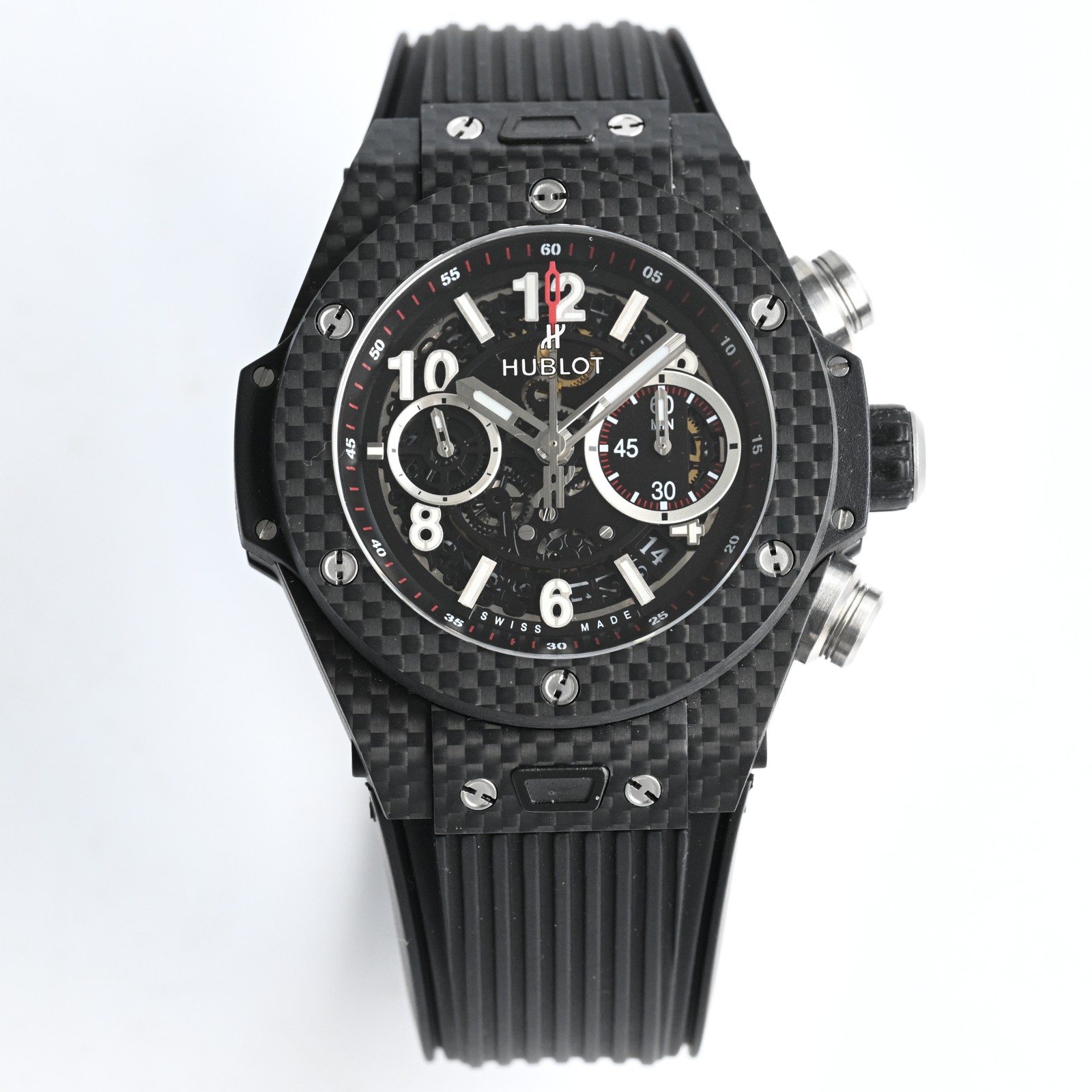 NO:151132,H B Hengbao / Yubo High-end ruthless goods are coming, HB's craftsmanship works Hengbao's finest products are unveiled. Hublot BIG BANG series 411.NM..RX watch equipped with manual () movement mechanical modification HUB1242Unico, watch diameter 45.5mm, carbon fiber, vibration frequency 28800, power 72 hours, imported rubber strap, HB's craftsmanship multi-functional mechanical watch,,19860909H B  恒宝 / 宇博 高端狠货来袭 ,HB匠心之作 恒宝精品横空出世 宇舶BIG BANG系列411.NM..RX腕表 搭载手动()机芯机械改装HUB1242Unico 表径45.5mm 碳纤维 振频28800 动力72小时 进口橡胶表带 HB匠心之作多功能机械腕表,,,Watch