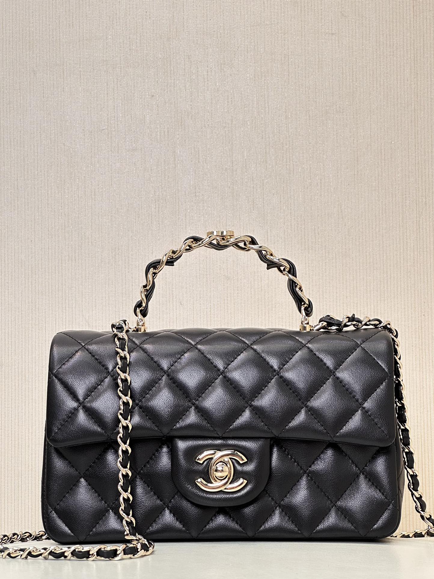 CHANEL シャネル 23K ハンドル CF Mini キルティングチェーン ダブルCロゴ ライトゴールド金具 ワンショルダー斜め掛けバッグ-トップ品質
