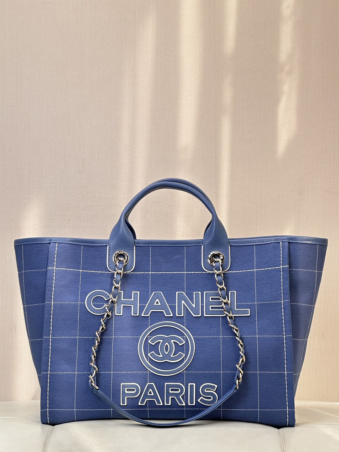 CHANEL Large Quilted Canvas Beach Shopping Bag with Pouch, Tote Bag, Original Leather Channel Lightweight Upgrade